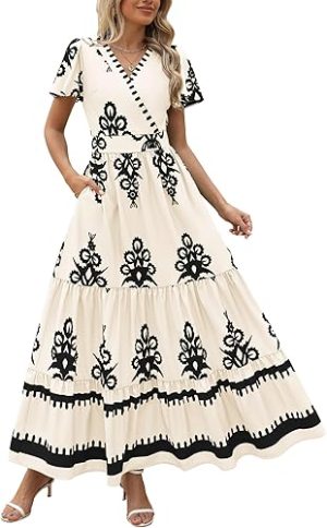 PRETTYGARDEN Womens 2025 Summer Casual V Neck Boho Maxi Dress