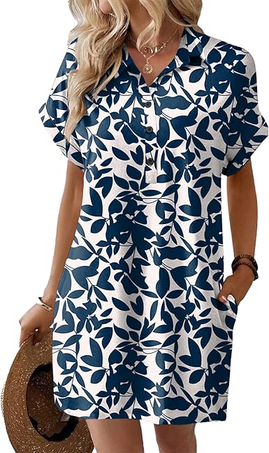 HOTOUCH Womens Summer Shirt Dress Short Sleeve Floral Shift Dresses